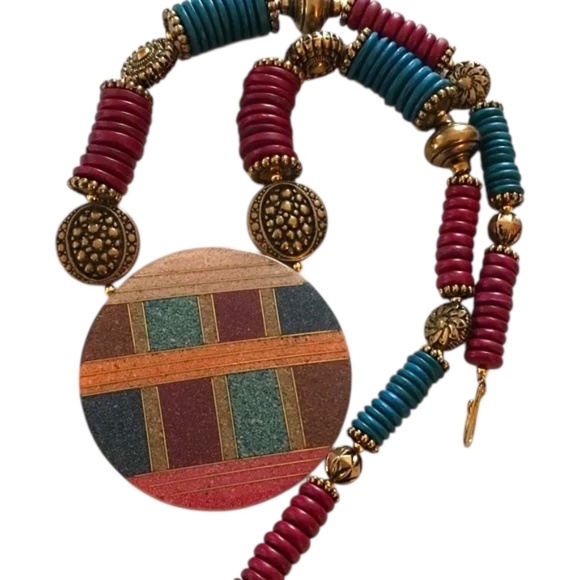 Vintage Gorgeous Sand & Bead Necklace Circle Disc Pendant, Statement, Lee Sands - Picture 3 of 16